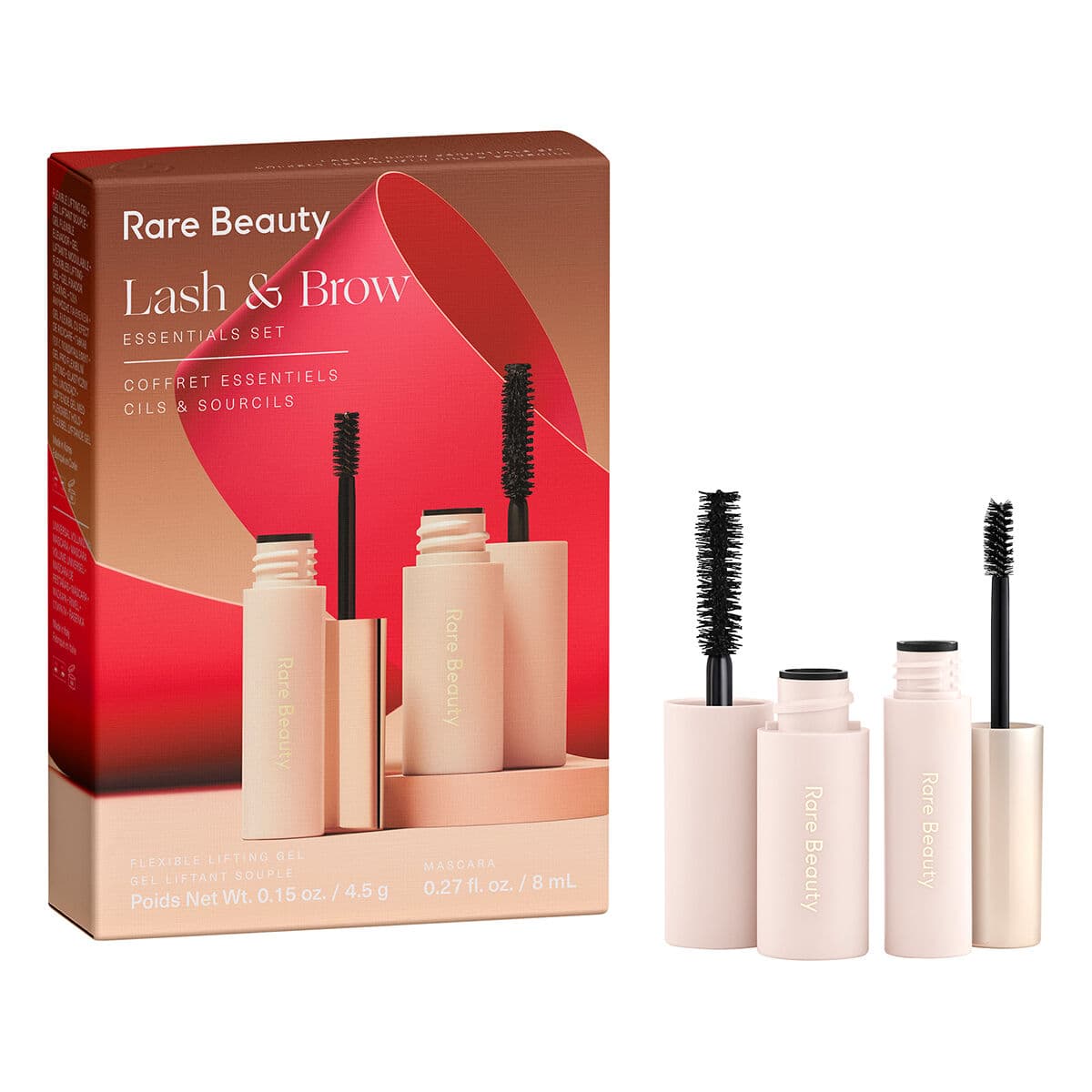 Embalagem de Kit Mascara de Cilios e Gel de Sobrancelha Rare Beauty Essential