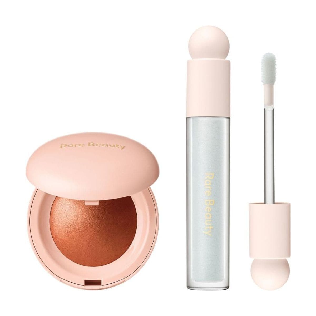 Embalagem de Kit Iluminador e Gloss Labial Rare Beauty