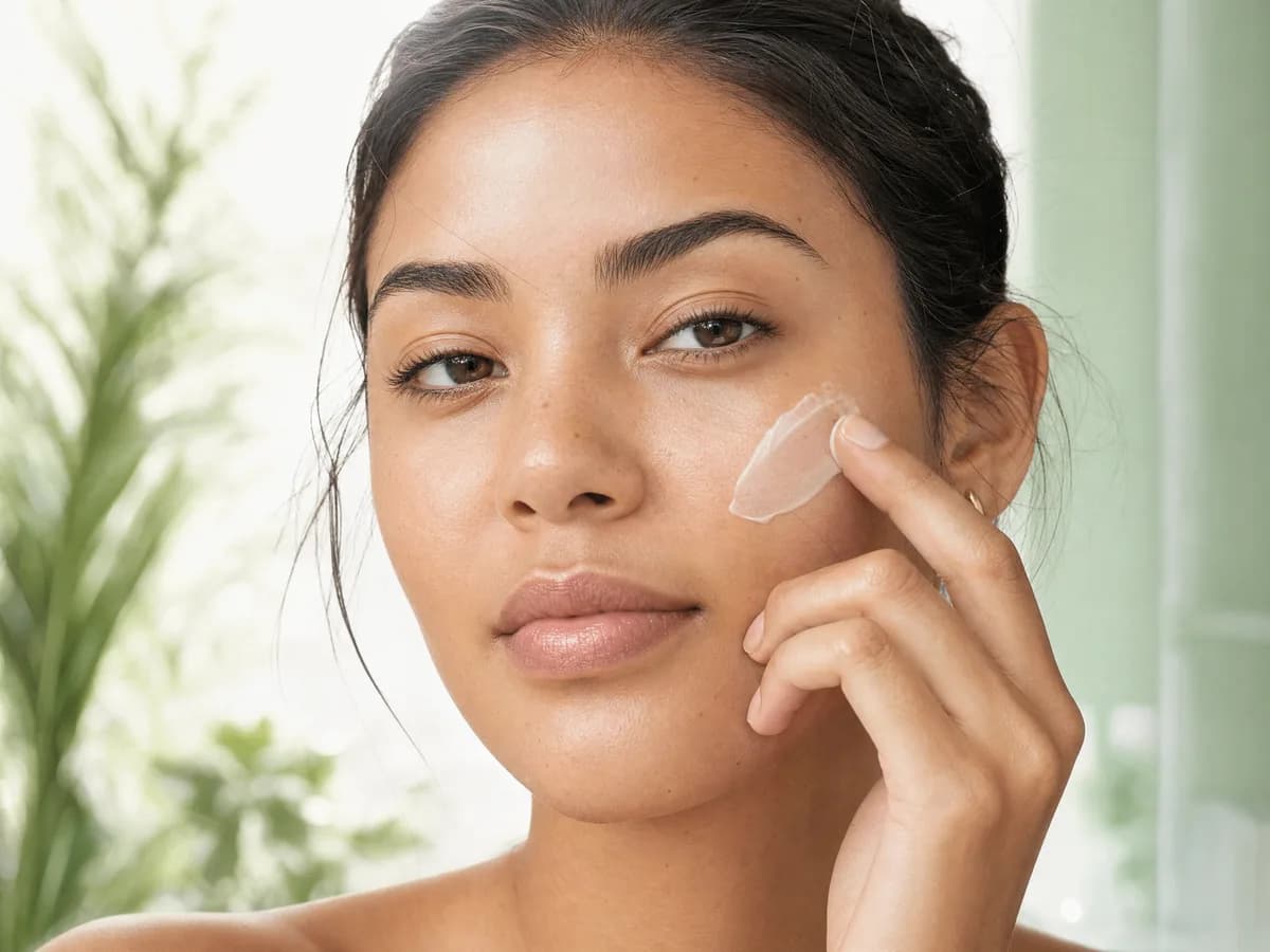 Mulher espalhando creme hidratante na bochecha