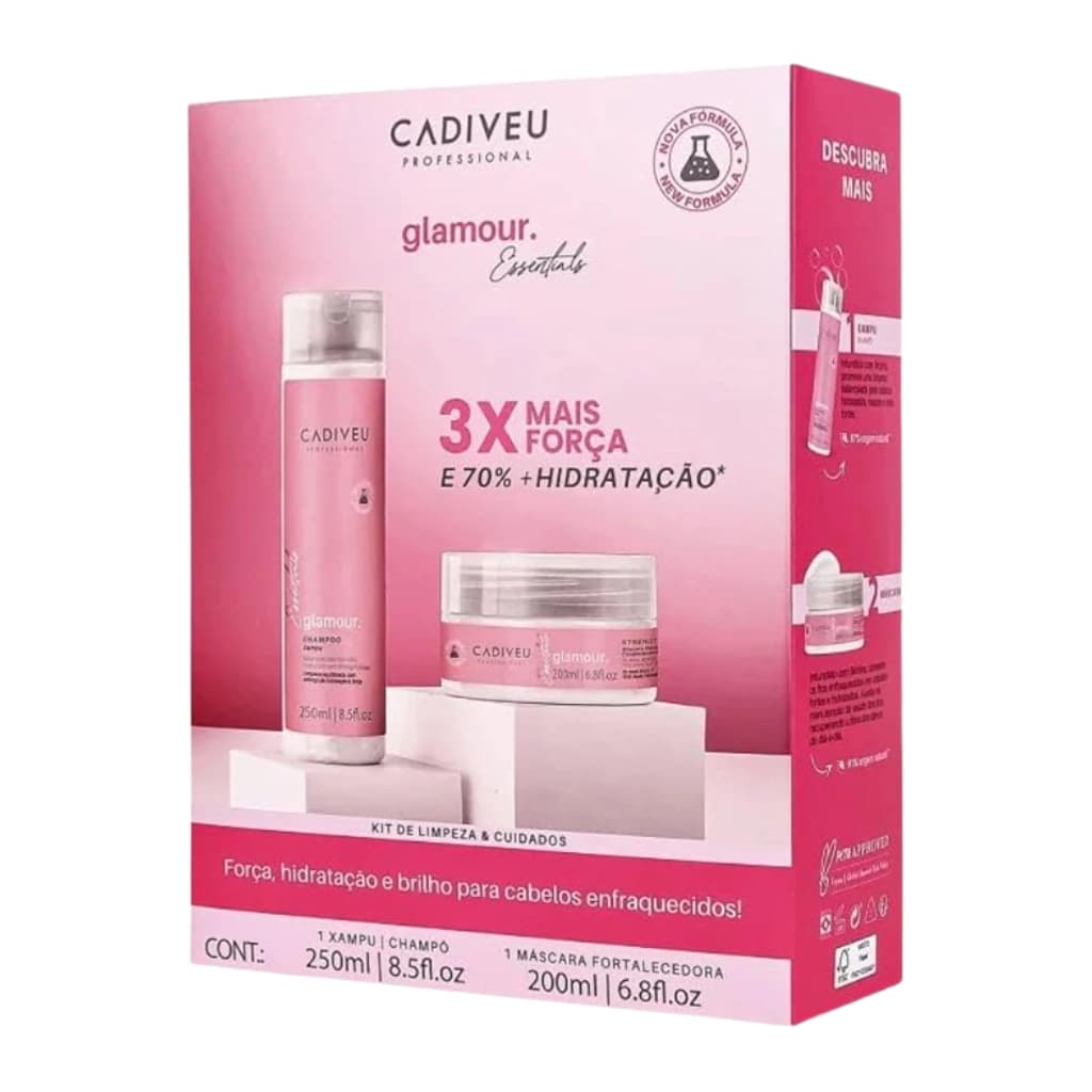 Embalagem de Kit Cadiveu Essentials Glamour Shampoo 250ml + Máscara 200g
