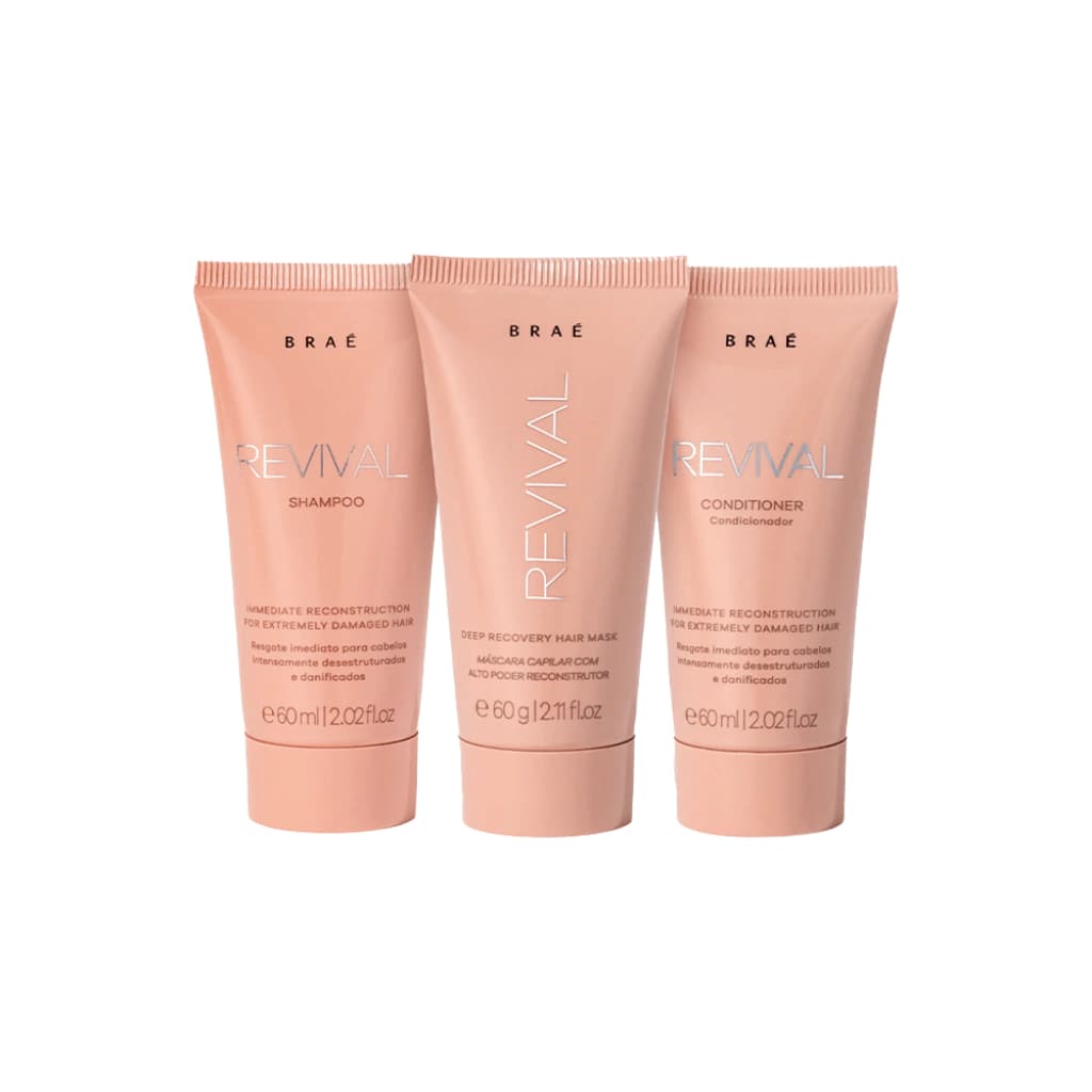 Embalagem de Braé Kit Shampoo, Condicionador e Máscara Travel Size Revival