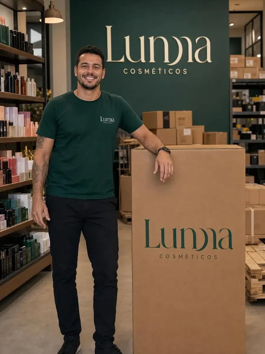 Integrante da equipe da Lunna Cosméticos ao lado de uma caixa de envio com a marca impressa, dentro da loja